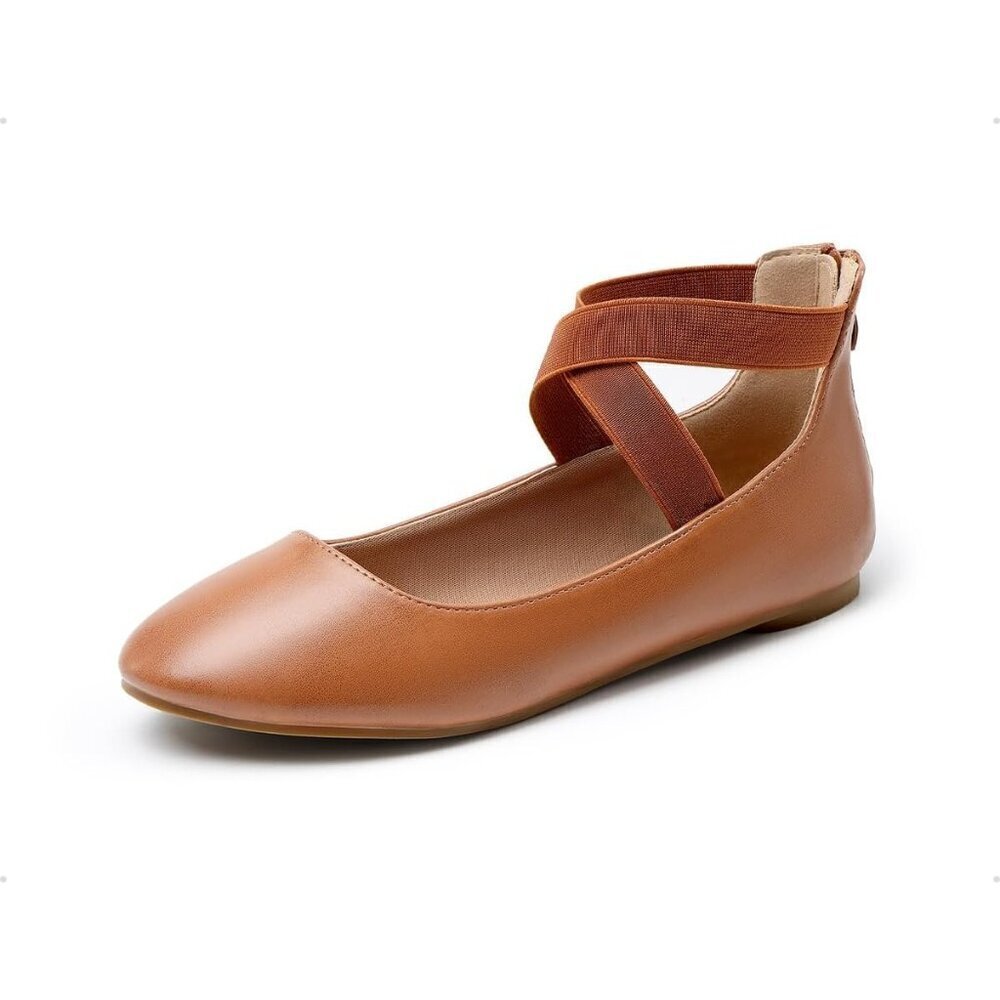 Dream Pairs Women Tan/Pu Faux Suede Flats Comfortable Elastic Ankle Straps Shoes